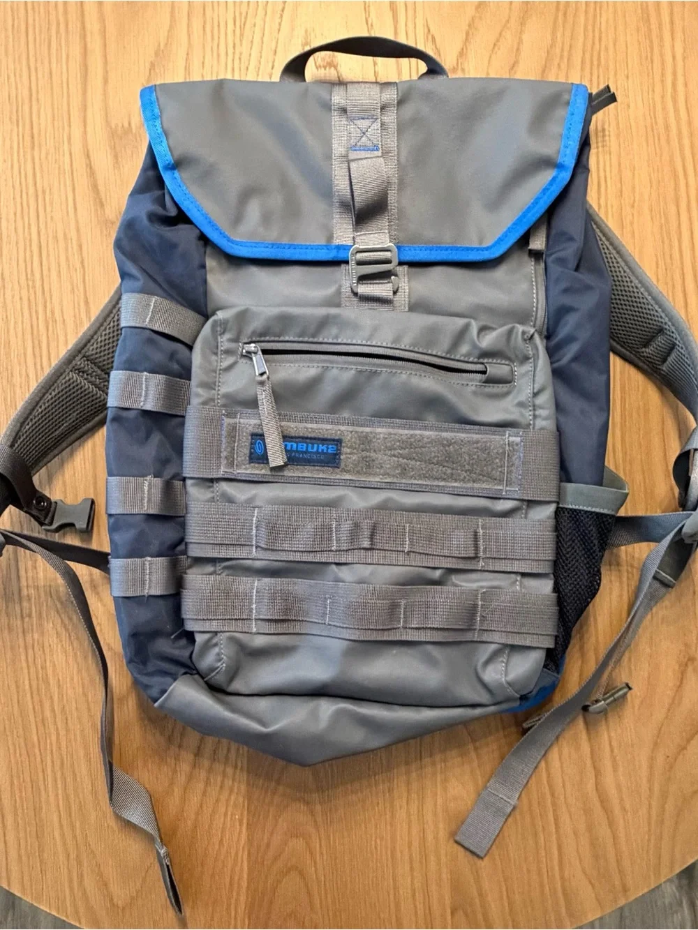 Timbuk2 Gray and Navy Tactical Roll-Top Backpack with Blue Trim
